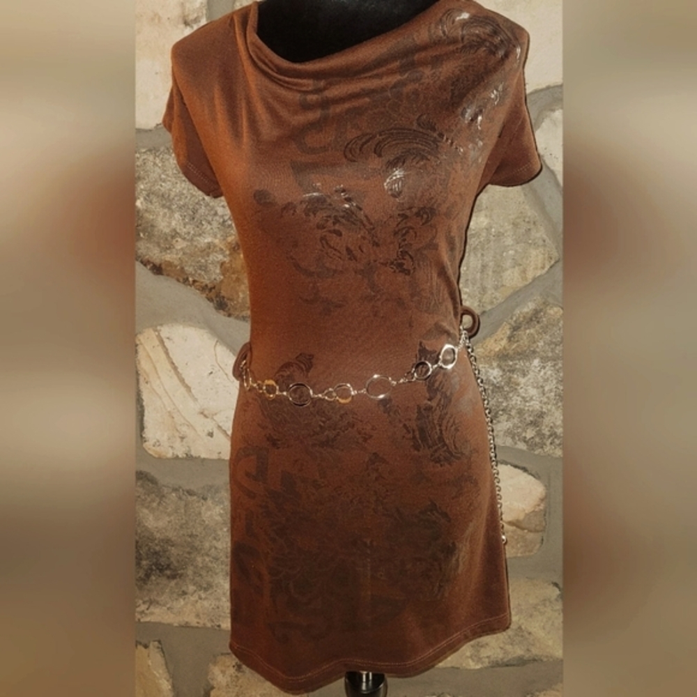 Y2K 2000s Vintage Brown Cowl Neck Dress With Silver Circle Accessory Belt - S/M